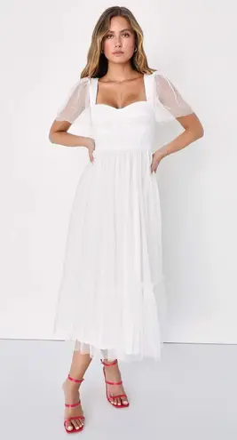NWT Lulus Dreamy Celebration Sheer Tulle Bustier Swiss Dot Midi Dress S White