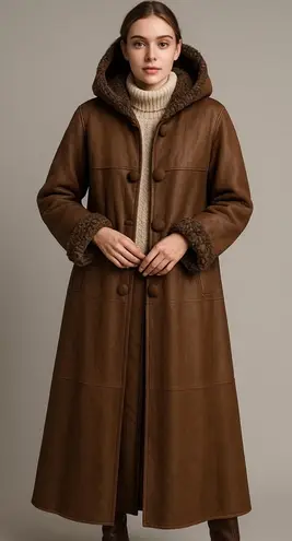 Vintage Womens L Brown 100% Curly Sheepskin Shearling Hooded Penny Lane Coat Size L