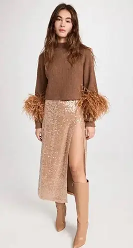 Lapointe Sequin Viscose High Waisted Camel Gold Sequin Midi Skirt Size 2