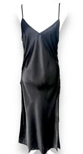 Victoria's Secret  Slip Dress Long Strappy Corset Sides Sz M Black Satin Gown Sexy