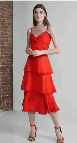 Marchesa Notte Tiered Lace Trim Midi Dress Size 0 Red Glam Holiday Event Wedding