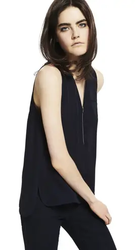 The Kooples M Women's Zip Front Sleevless Top Silk Front Jersey Back Deep Navy