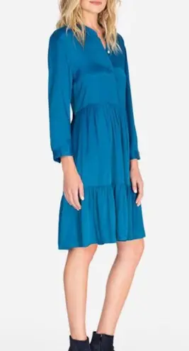 Johnny Was Tiered Mandarin Collar Satiny Cottagecore Dress Peacock XS