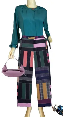 VINTAGE 1980'S LINDSEY BLAKE DARK TEAL PANEL PLEATED BUTTON DOWN BLOUSE (10) Green