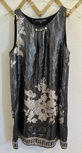 Hale Bob NWT Silk Floral Metallic Shift Dress Black Ivory Silver Medium
