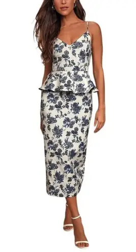 En Saison A Sight To See Peplum Midi Dress Womens L Navy Blue Floral Jacquard White Size L