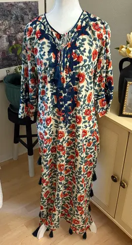 Roller Rabbit Embroidered Tassel Maxi Kurta Kaftan Dress Size Medium Cotton