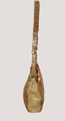 Brahmin Brown Tan Gold Leather Shoulder Bag Alligator Crocodile Embossed Zip