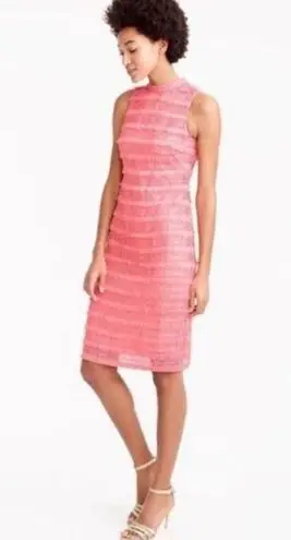 J.Crew  Sheath Dress Coral Pink Fringe Corchet Lined Mock Neck Sleeveless sz 4