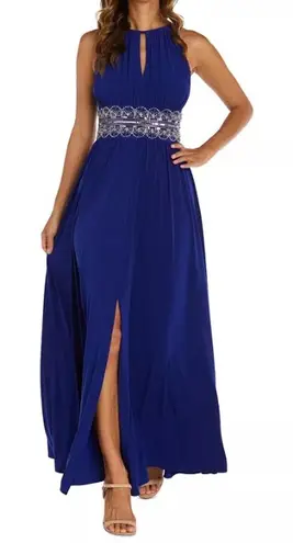 R & M Richards Royal Blue Beaded Halter Maxi Dress Formal Evening Gown Size 6