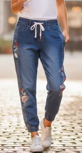 Driftwood X Free People Floral Embroidered Pull On Drawstring Denim Joggers