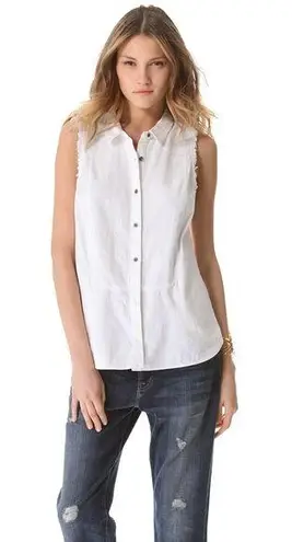 Free People  Linen Blend Button Front White Frayed Boho Vest Size Medium