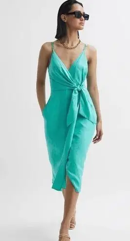 Reiss Esme Linen Side Tie MIDI Dress Aqua casual classic stylish  summer chic