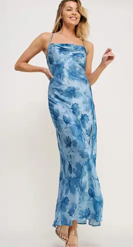 Sweet Lemon Womens Floral Crisscross Back Fully Lined Maxi Dress Blue Large NWT