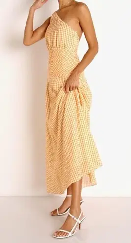 NWOT Peony One Shoulder Gingham Orange & White Midi Dress Mandarin Sz L Size L