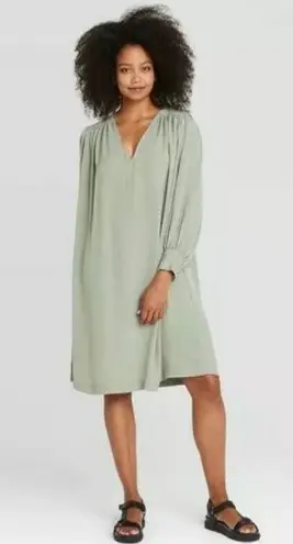 Prologue Balloon Sleeve V-Neck Oversized Mini Tunic Dress Green XS