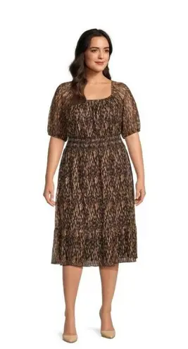 Terra & Sky Womens Square Neck Brush Marks Brown Latte Smocked Dress Size 4X NWT