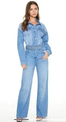 Forever 21  Premium Belted Wide-Leg Denim Jumpsuit Size M