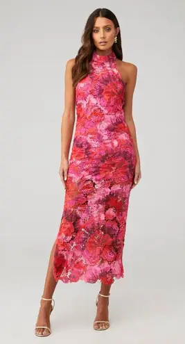 Rococo Sand Mabel Long Dress Pink Red Floral Lace Halter Midi Dress S