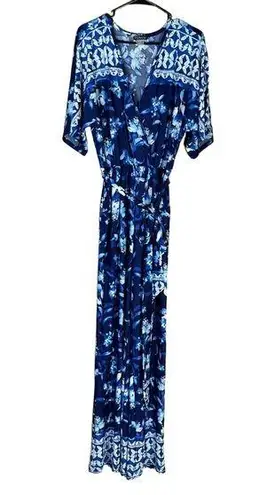 Venus Blue Floral Print Cold Shoulder V Neck Tie Waist Jumpsuit Large