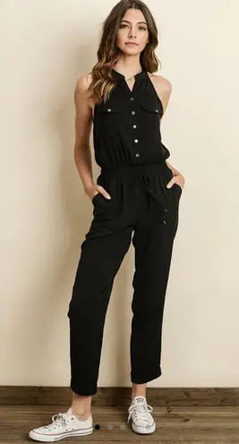 Molly green  black sleeveless satin button down jumpsuit size large - Image 1