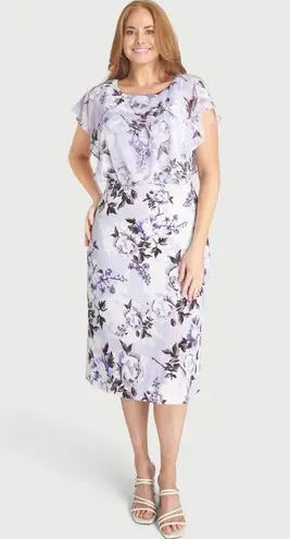 Connected Apparel Daphne Lavender Floral Chiffon Popover Dress, Petite Size 14