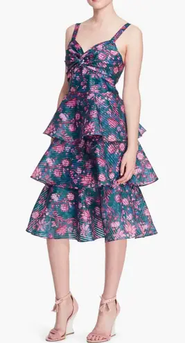 Marchesa Notte Floral Tiered Midi Dress NWT Jewel Tones Size 12 Green