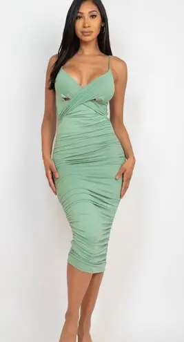 LAST ONE "Hug Me Tight" Green Ruched Midi Dress