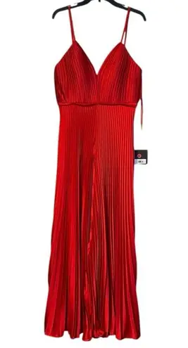 Mac Duggal Ieena for NEW Red Pleated Plunge Neck Wide Leg Jumpsuit Size 10 26319