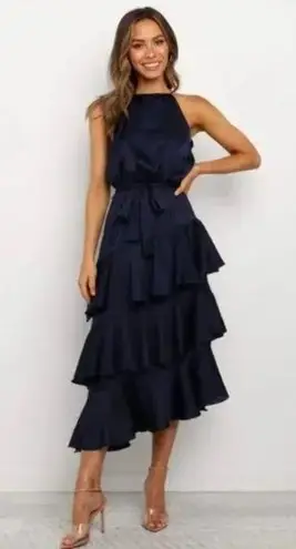 Petal and Pup  Navy Blue Satin Seychelle Ruffle Tiered Midi Dress 4