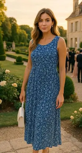 Vintage Expressions Tank Maxi Dress Ditsy Floral Cottagecore Summer Spring Boho Blue Size 14