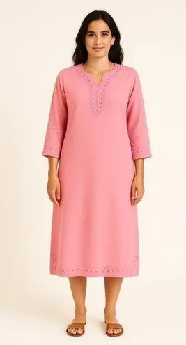 Boutique Pink Embroidered Cotton Tunic Dress Boho Kurti Midi Sequins 3/4 Sleeve Large