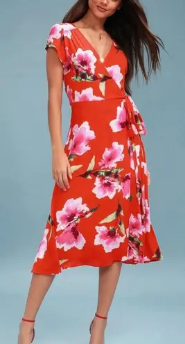 NWT Lulus Have Love Will Travel Coral Red Floral Gauze Wrap Midi Dress Size XL