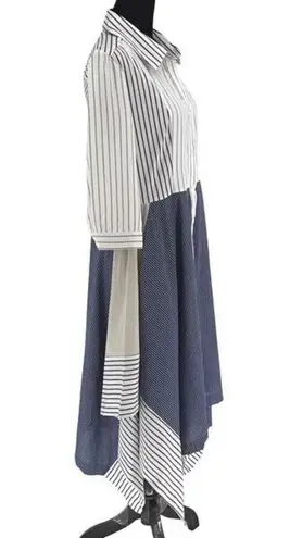 Gracia Women’s 3/4 Sleeves Stripe Asymmetric Midi Shirt Dress Medium Blue Tan Wh