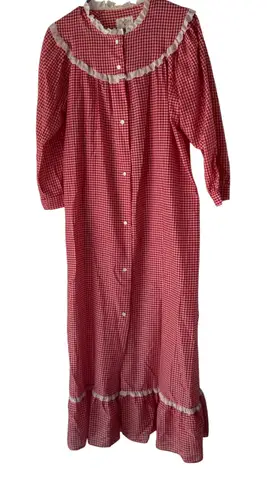 Vintage Katz Red Gingham Nightgown Ruffled Lace Trim Long Sleeve Cottage Prarie Size XL