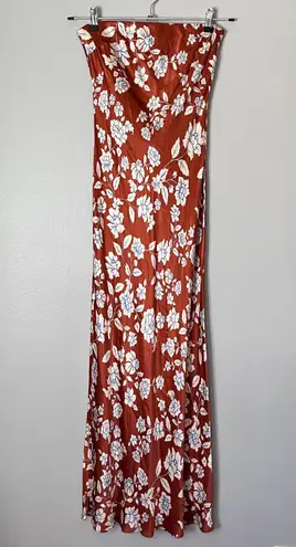 Bec & Bridge Blossom Strapless Satin Floral Cowl Back Maxi Dress Rust Red