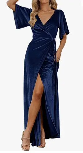 Merokeety Women's V Neck Wrap Velvet Maxi Dress Bell Sleeve Split Bridesmaid Cocktail