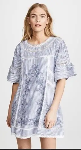 Free People  Sunny Day Striped Embroidered Ruffle Trapeze Mini Dress Blue White