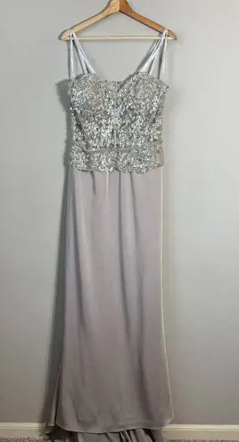 NWOT Montage by Mon Cheri Strapless Beaded Satin Gown Womens 12 Champage Sheer Silver