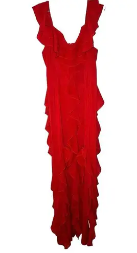 Pretty Little Thing  Spanish Style Red Ruffle Maxi Dress Sz 12 Prom Wedding NWT