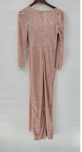 Sublime Sequined Gown S Pink Faux Wrap Long Puff Sleeve Tigh Slit Party Wedding
