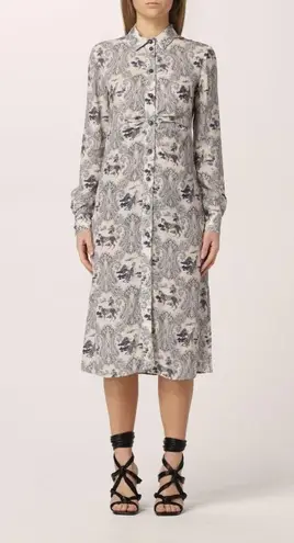 PINKO White Blue Panther Print Long Sleeve Midi Dress Size 8
