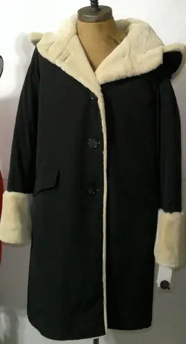 NWT $595 Jane Post S Womens Pile Lined Storm Coat Black Stone Tan Hood Faux Fur