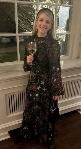 Farm Rio Black Amazonia High Neck Jungle Theme Ruffle Tiers Maxi Dress Size XS