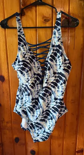 Tie Dye One Piece Swimsuit Criss Cross front Blue White