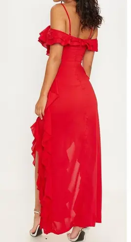 Pretty Little Thing  Spanish Style Red Ruffle Maxi Dress Sz 12 Prom Wedding NWT