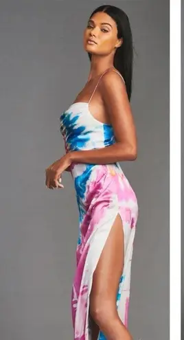 Retrofête Retrofete Silk Marlene Cotton Candy Maxi Slip Dress Tie Dye Print High Slit