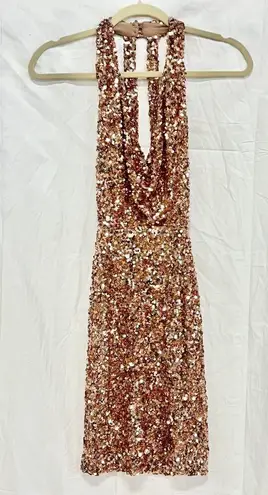 Nookie NWT  Revel Sequins Plunging Halter Neck Mini Dress Rose Gold Women's XS