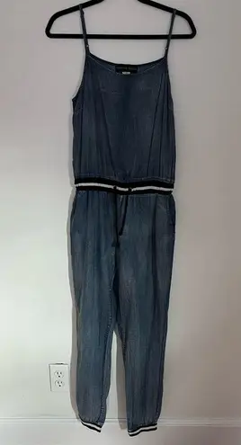 Shop the Trends Spaghetti Strap Denim Chambray Jumpsuit With Ribbed Waistband Blue Size M