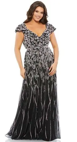 Mac Duggal 5353 Size 14W Floral Beadwork Flare Short Cap Sleeve A-Line Dress